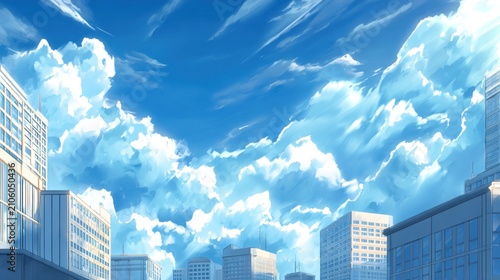 Anime style blue sky with fluffy clouds over stylized city buildings