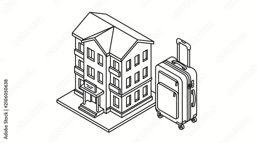 Fototapeta premium Isometric hotel building and travel suitcase line art icon