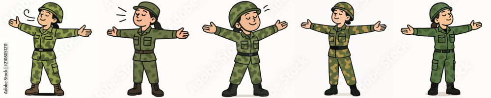 Fototapeta premium Set of vector illustrations of a female soldier breathing in fresh air.
