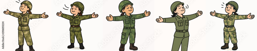 Fototapeta premium Set of vector illustrations of a female soldier breathing in fresh air.