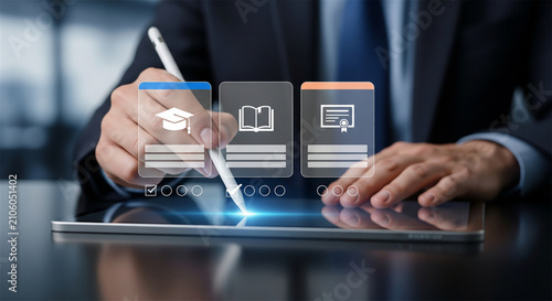 E-learning digital education platform, businessman using stylus on tablet for online training courses