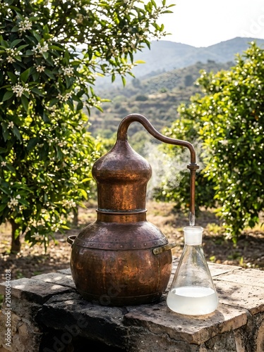 Vintage Copper Alembic Still Distilling Orange Blossom Water into a Glass Flask on a Stone Table, Surrounded by Blooming Citrus Trees with Rolling Hills in the Background