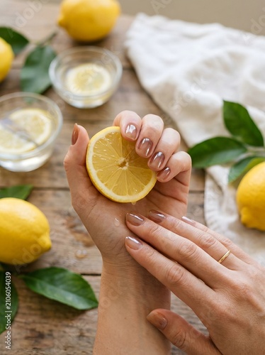 Close-Up of Woman's Hands with Glossy Brown Manicure Squeezing a Fresh Lemon Half onto Her Wrist, Surrounded by Whole Lemons, Citrus Slices in Water Bowls and Green Leaves on a Rustic Wooden Table
