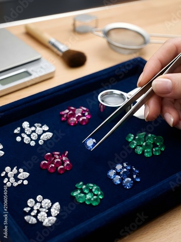 Close-Up of a Jeweler's Hand Using Tweezers to Select a Blue Sapphire from a Navy Velvet Tray Displaying Sorted Piles of Diamonds, Rubies, Emeralds and Sapphires, with a Loupe, 