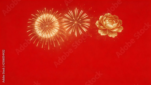 Fireworks and flower on red background