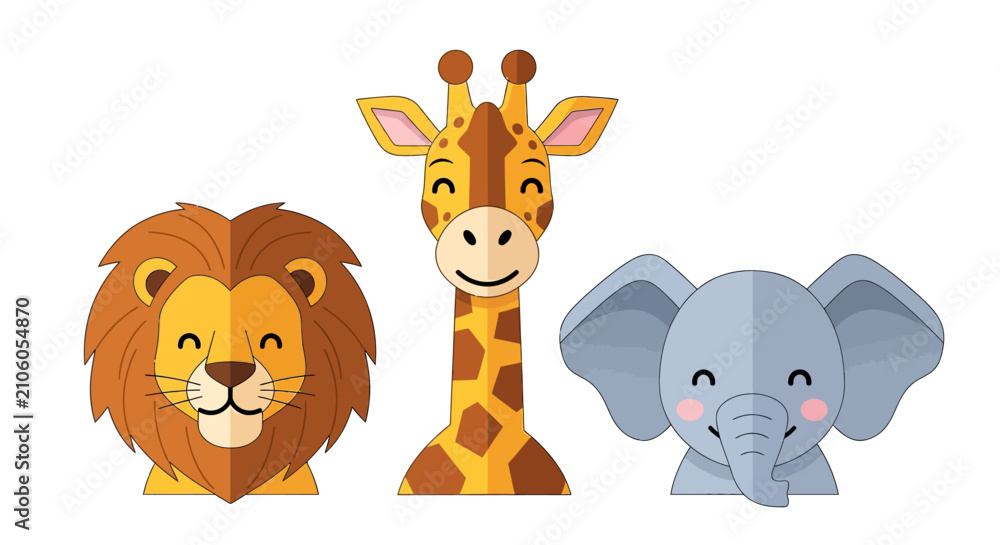 Naklejka premium Cute cartoon safari animals illustration featuring a lion, giraffe, and elephant heads with friendly expressions, perfect for children's designs.