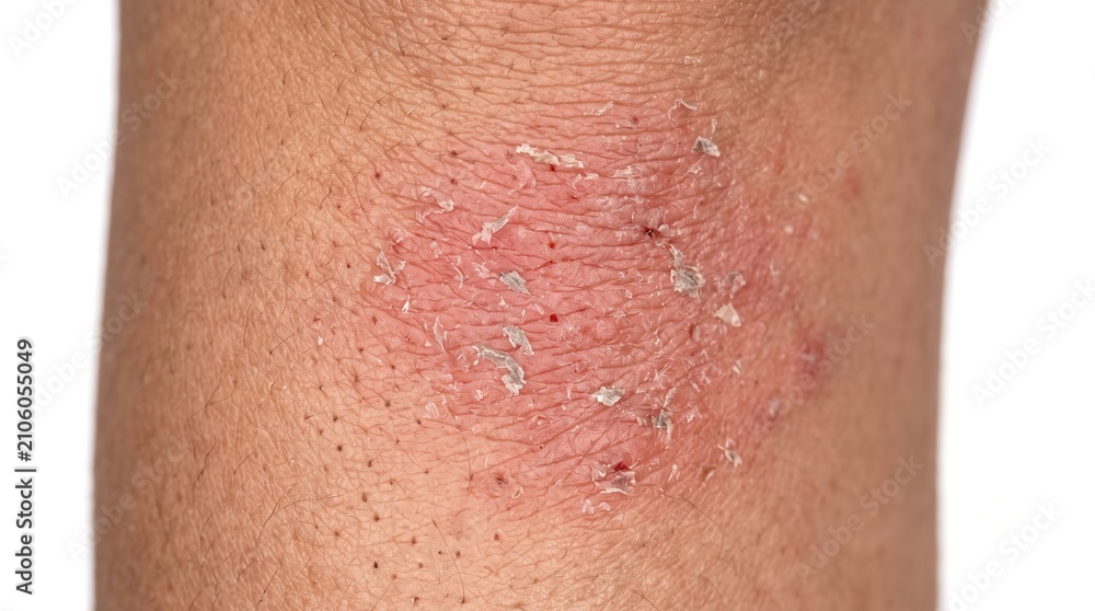 Fototapeta premium Close Up of Dry Peeling Skin with Redness and Flaking on Human Leg