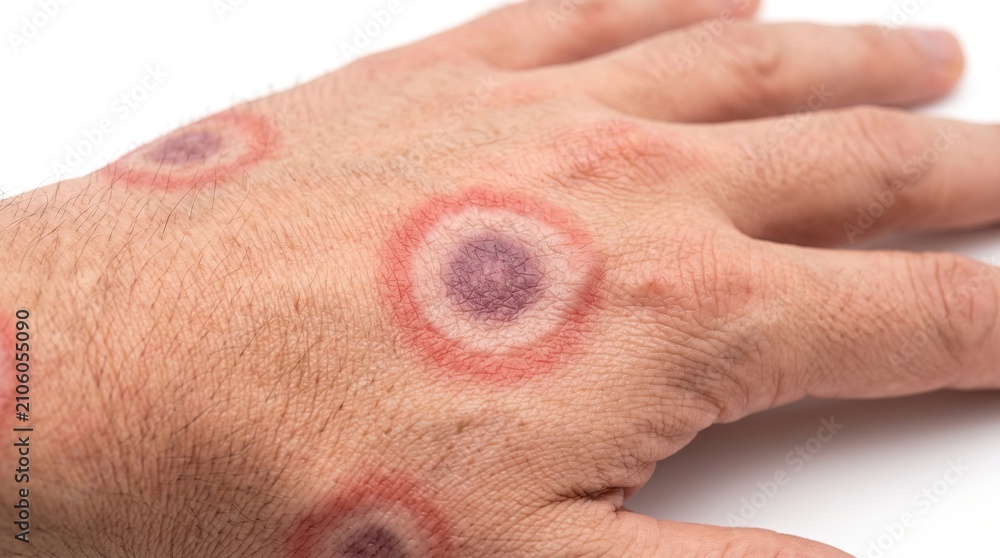 Naklejka premium Target Lesions of Erythema Multiforme Rash on Human Hand Close Up