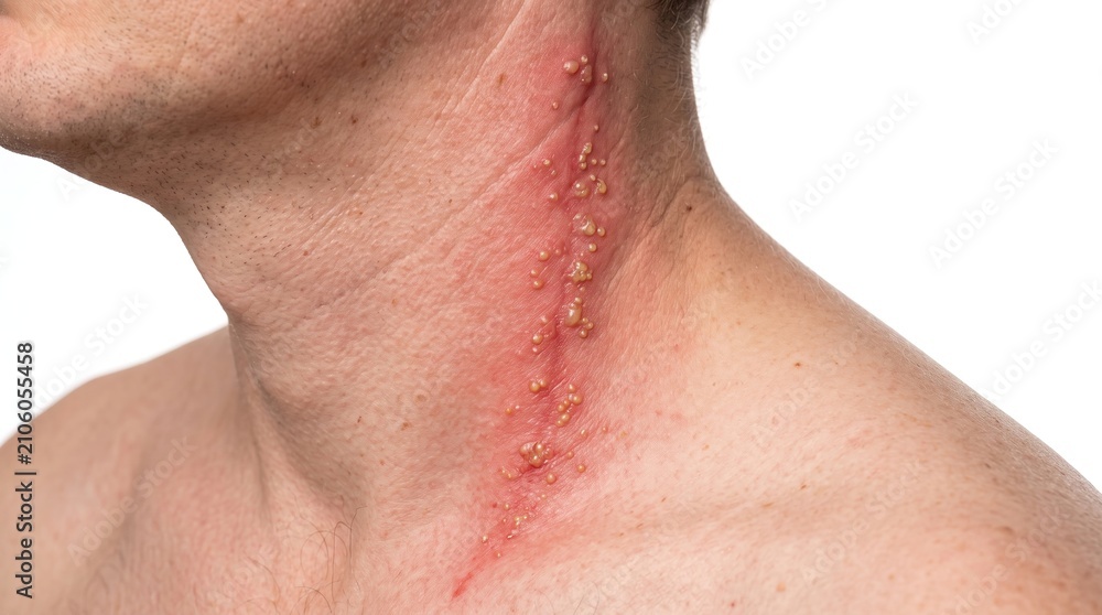 Naklejka premium Shingles Herpes Zoster Blister Rash along Neck and Shoulder Line Close Up