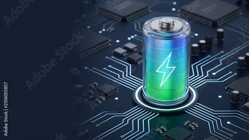 Solid state battery on motherboard circuit representing futuristic energy storage and fast charging technology
