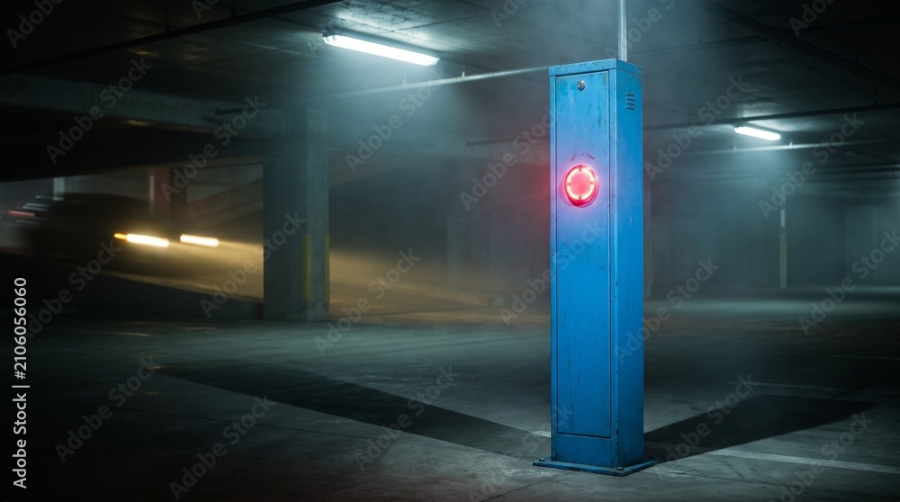 Fototapeta premium Cinematic Underground Parking Garage with Blue Pillar and Glowing Red Light in Foggy Atmosphere