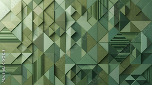 Modern Geometric Abstract Wall Art Featuring Three Dimensional Triangles and Textured Shapes in Shades of Forest Green and Sage for Contemporary Interior Decor Background