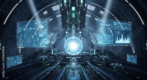Futuristic laboratory control room featuring a glowing energy core surrounded by holographic digital displays and complex metallic machinery at center