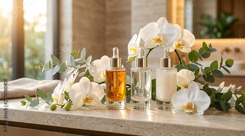 Three glass cosmetic bottles with serum and essential oil standing on a bathroom counter with flowers. exclusive skincare offers