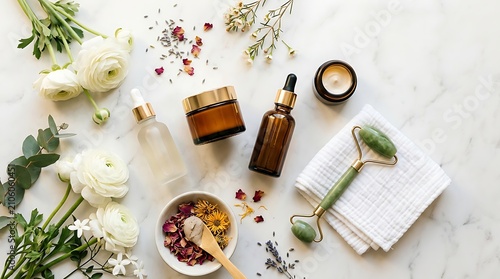 Natural organic skincare products with glass bottles and jade roller for beauty treatment. exclusive skincare offers