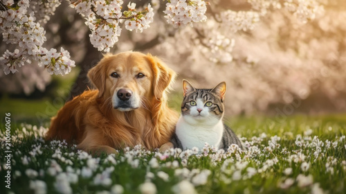 dog and cat sitting together in a spring meadow under a blossoming cherry tree