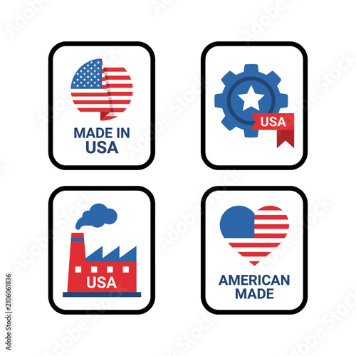 Made in USA flat icon set featuring factory, gear, heart, and American manufacturing symbols.