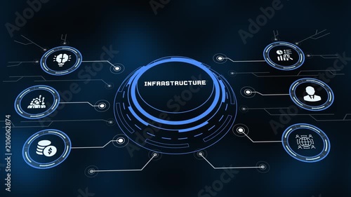 Abstract technology infrastructure concept with glowing HUD network interface and icons.