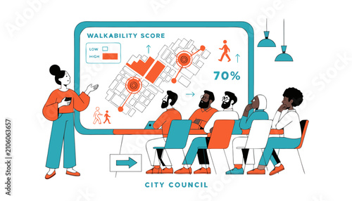 Flat Vector Illustration of a Female Urban Planner Presenting a Walkability Score to the City Council.eps