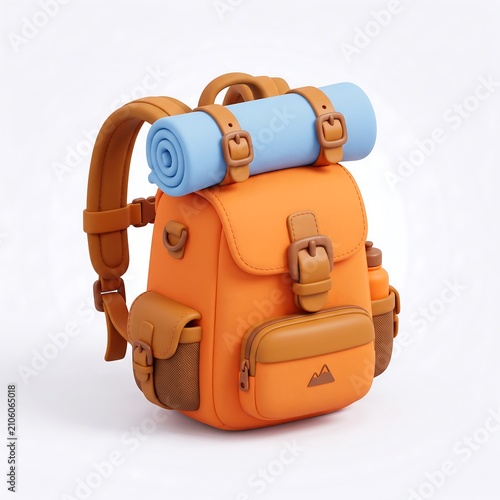 3D icon of an orange hiking backpack with a rolled blue sleeping mat backpack adventure equipment sleeping