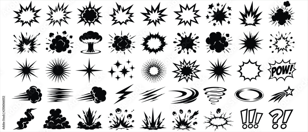 Fototapeta premium Collection of comic book action explosion elements with explosion movement collection speedlines illustrative isolated background intensity dramatic