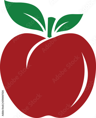 Flat Red Apple Icon with Green Leaves, Minimal Healthy Fruit Vector Symbol Isolated on White Background