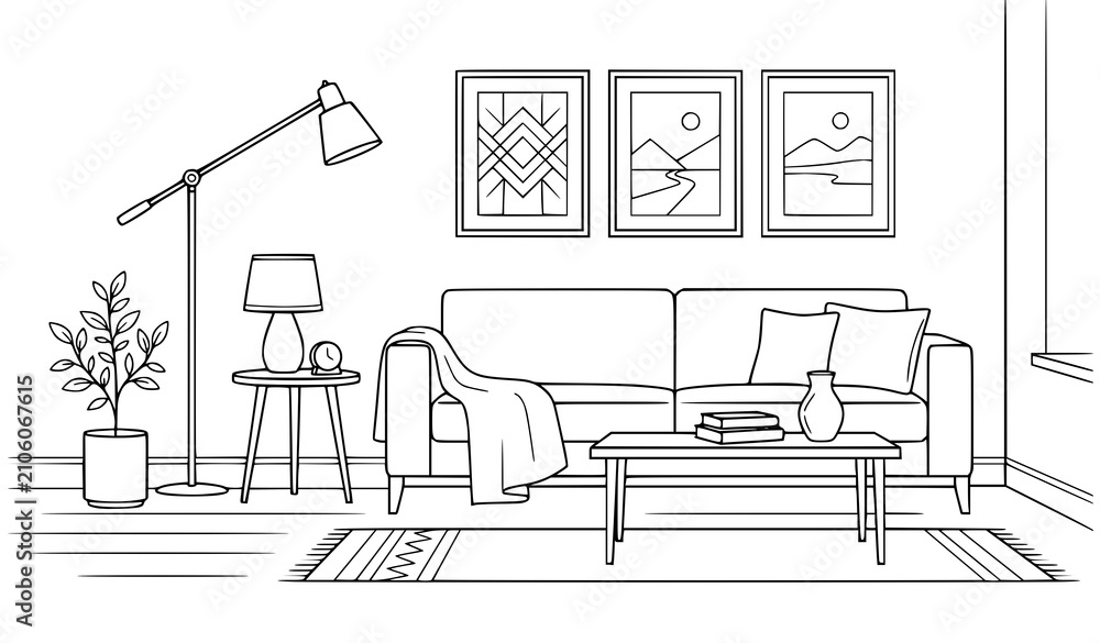 Fototapeta premium Home Interior Sofa Lamp Plant Line Art Vector Illustration