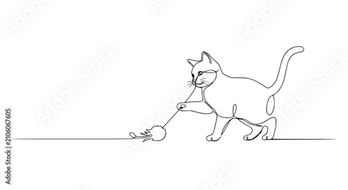 Quadro su tela Continuous Line Drawing of a Playful Cat Chasing a Toy Mouse