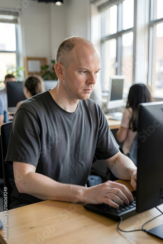Focused bald man typing on ...