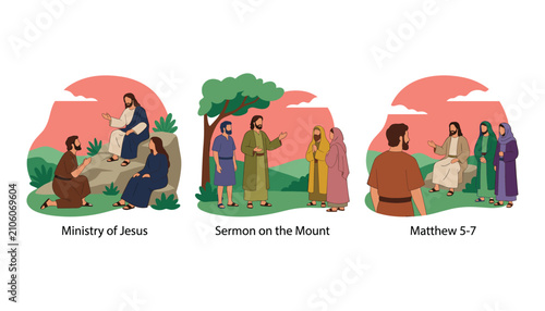 Foto Biblical scenes vector set showing Ministry of Jesus Christ preaching the Sermon