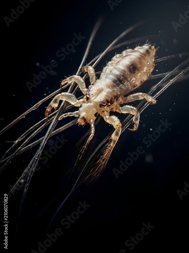 Extreme Macro Close-Up of Head Louse Gripping Human Hair Strands on Black Background