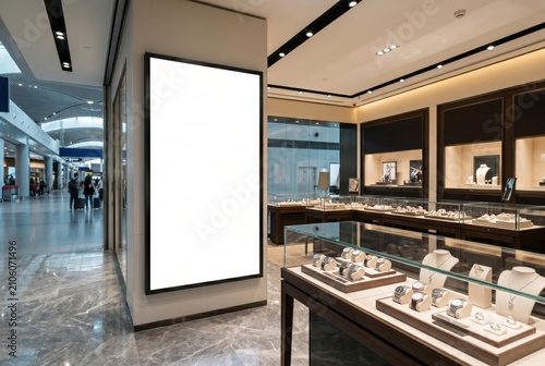 Modern Luxury Watch Jewelry Store Interior with Large Blank Vertical Mockup Lightbox