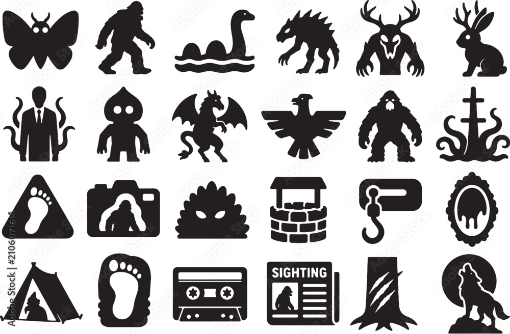 Fototapeta premium Cryptids Folklore Urban Legends Monster Icon Set - Minimalist Vectors