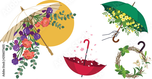 Photos Hand Drawn Spring Umbrella Collection with Floral Umbrellas Blooming Flowers Dec