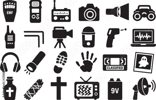 Ghost Hunting Paranormal Investigation Icon Set - Minimalist Black Vectors