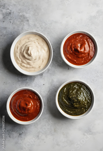 Four small white bowls of v...