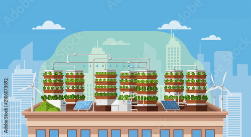 Eco friendly smart agriculture with vertical farming on city building rooftop vector illustration