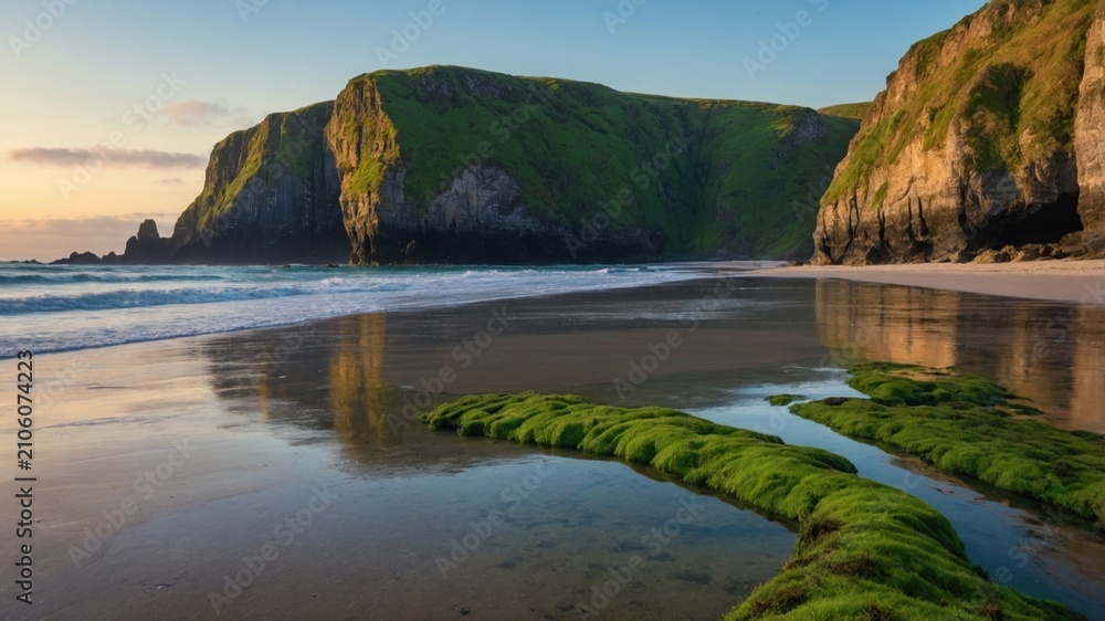 Obraz premium Serene coastal landscape at sunset featuring lush green cliffs, calm waves, and reflective sand