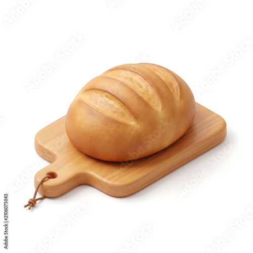 3D icon of a fresh bread loaf on a wooden serving board with illustration breakfast homemade nutrition