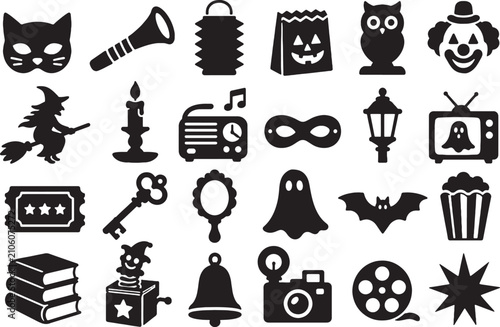 Vintage Retro Halloween Ephemera Icon Set - Minimalist Black Vectors