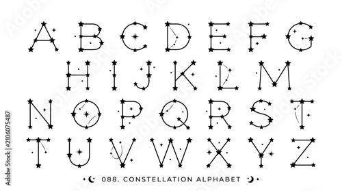 Minimalist constellation alphabet set celestial star font vector