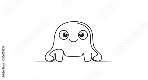 Photography Cute Cartoon Monster Peeking Over Edge, Simple Line Art, Kawaii Character