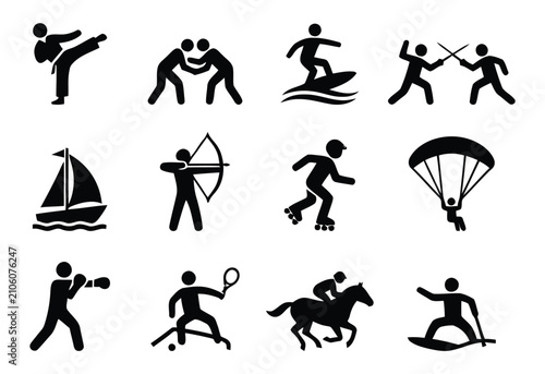 Diverse sports and outdoor activities icon set black silhouette illustrations
