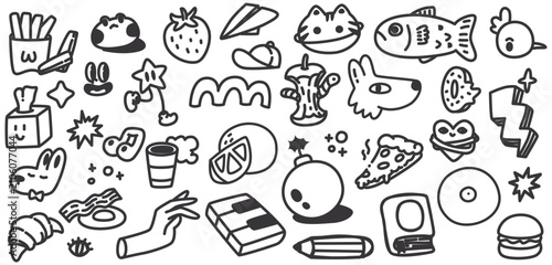 Cute Funny Doodle Sticker Set Vector Illustration, Hand Drawn Cool Random Badges Element Collection Isolated on White Background