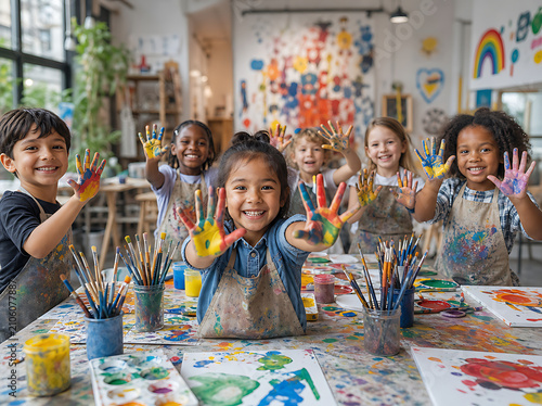 Diverse group of happy children showing messy painted hands in creative art classroom studio setting during school activity
