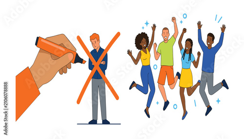 Obraz na płótnie Social exclusion and inclusion concept vector with hand crossing out sad lonely