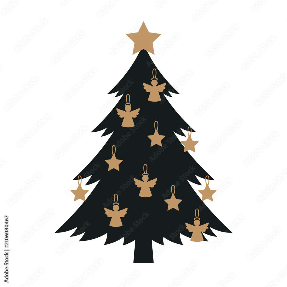 Obraz premium Black Christmas tree silhouette adorned with gold angels and stars.
