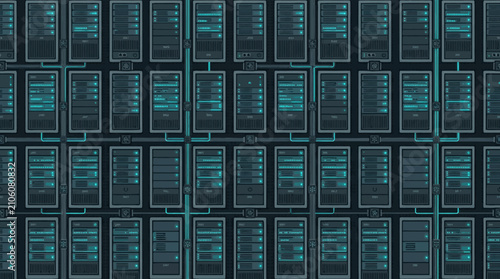 Dark data center server rack grid pattern.