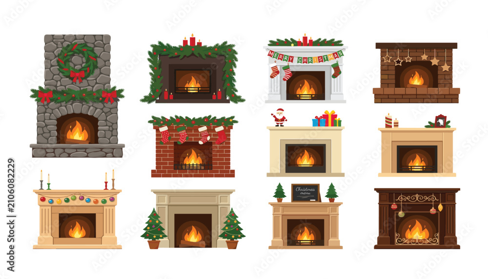 Fototapeta premium PrintCozy Christmas fireplace vector illustration set with festive holiday decorations, burning fire, brick mantels, stockings, and winter wreaths