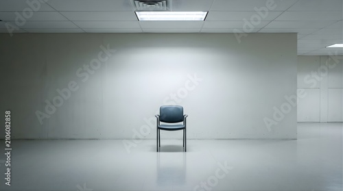 A single black chair centered in a bright empty minimalist office room